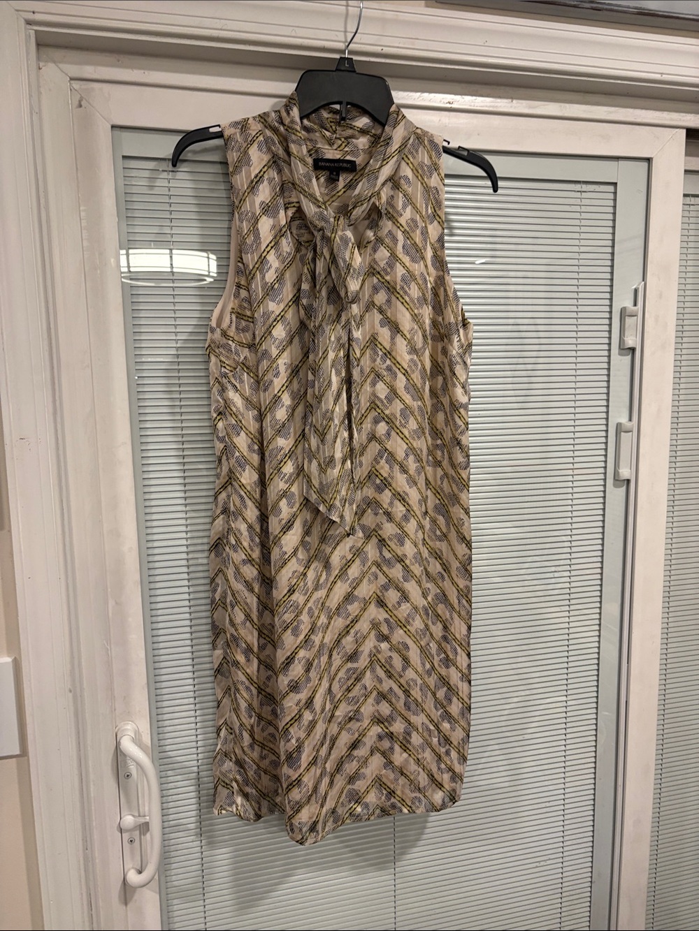Banana Republic Sleeveless Tie-Neck Dress in Beige and Gold Chevron
